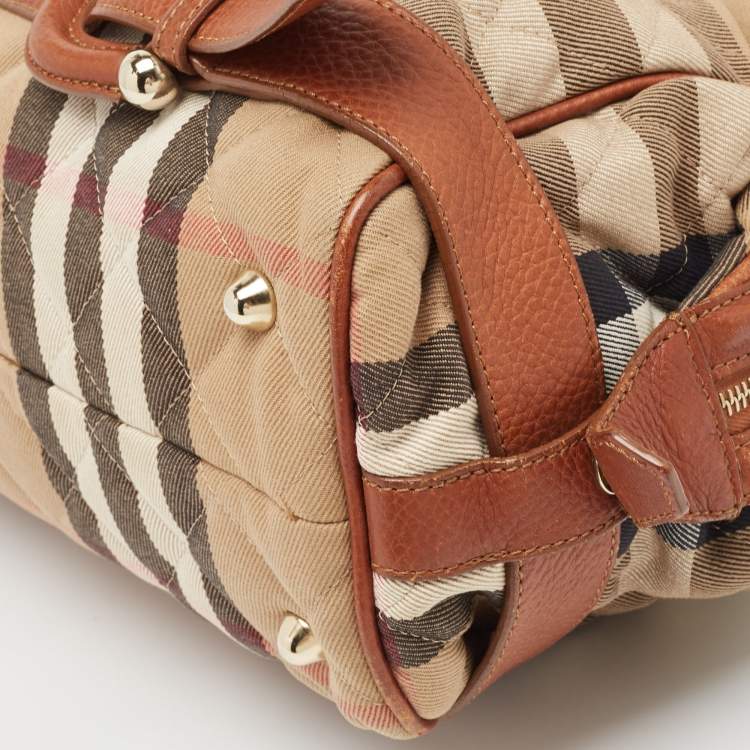 Pre Owned Burberry Brown/Beige Quilted House Check Canvas and Leather Buckle Satchel