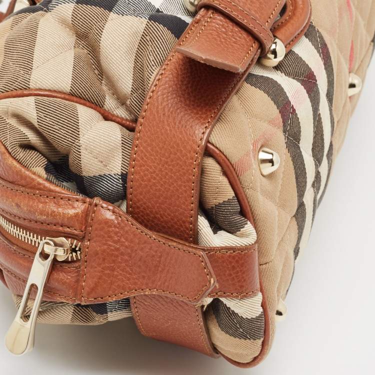 Pre Owned Burberry Brown/Beige Quilted House Check Canvas and Leather Buckle Satchel