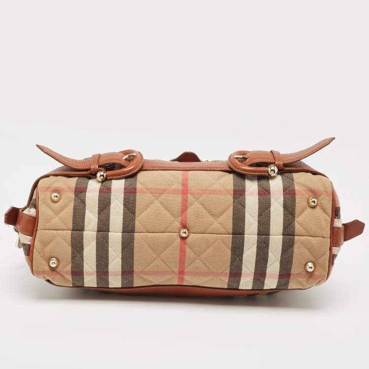 Pre Owned Burberry Brown/Beige Quilted House Check Canvas and Leather Buckle Satchel