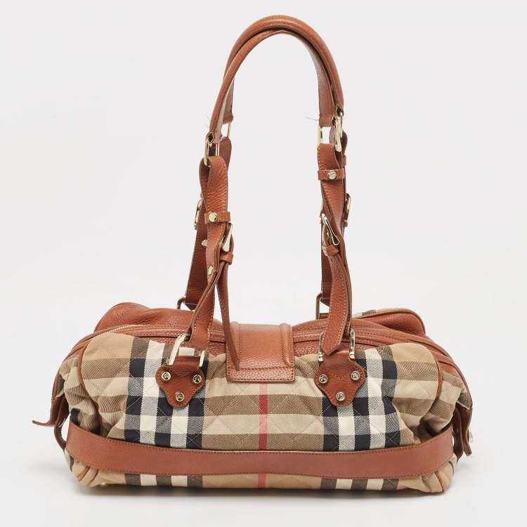 Pre Owned Burberry Brown/Beige Quilted House Check Canvas and Leather Buckle Satchel