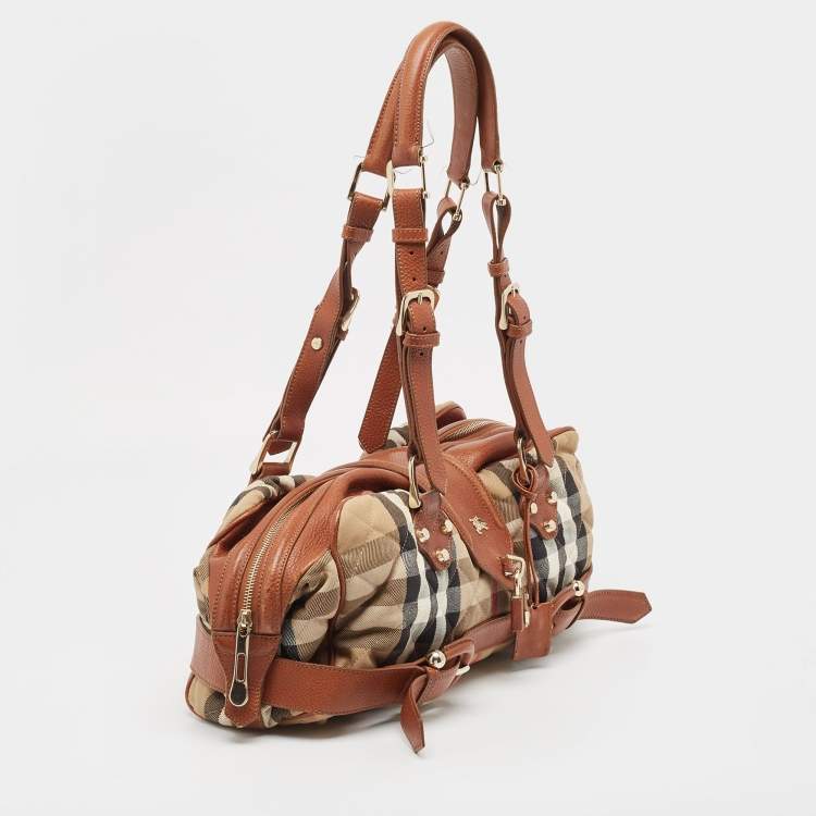 Pre Owned Burberry Brown/Beige Quilted House Check Canvas and Leather Buckle Satchel