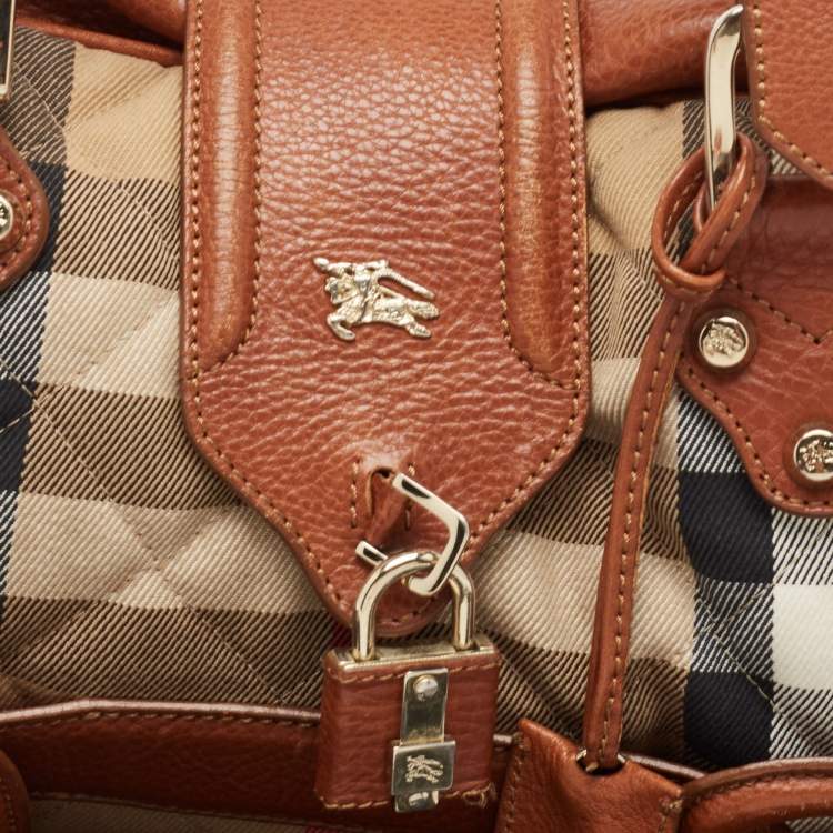 Pre Owned Burberry Brown/Beige Quilted House Check Canvas and Leather Buckle Satchel