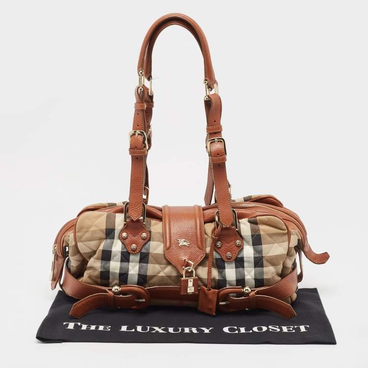 Pre Owned Burberry Brown/Beige Quilted House Check Canvas and Leather Buckle Satchel