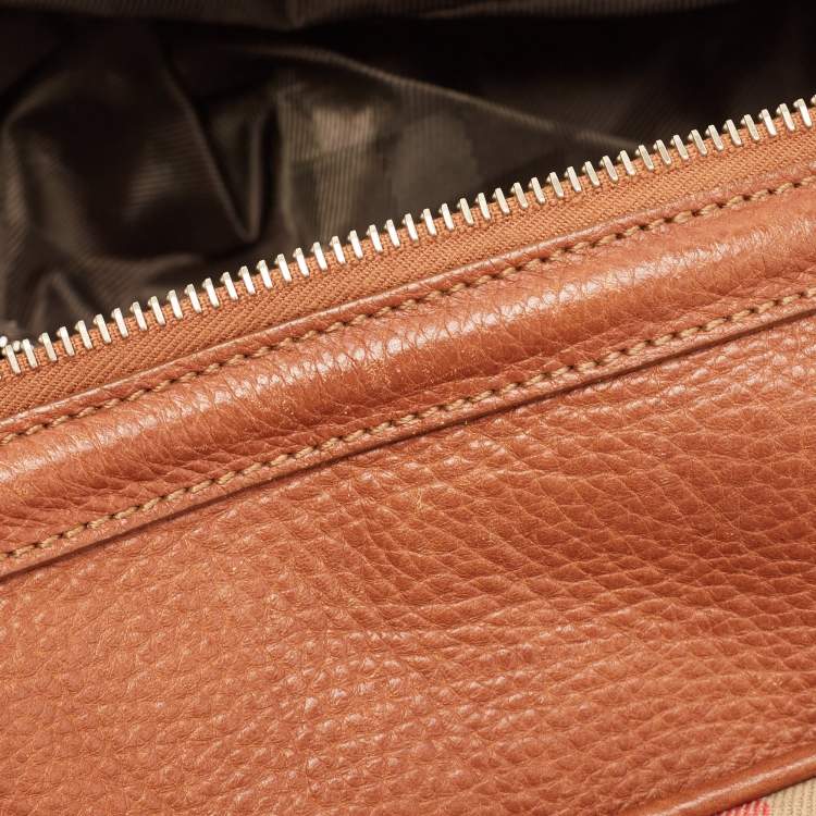 Pre Owned Burberry Brown/Beige Quilted House Check Canvas and Leather Buckle Satchel