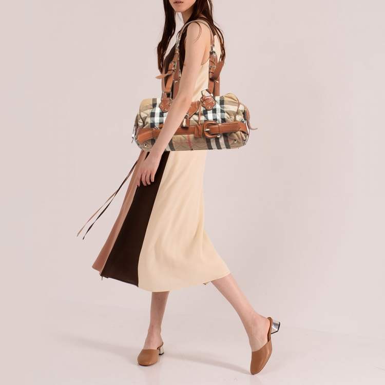 Pre Owned Burberry Brown/Beige Quilted House Check Canvas and Leather Buckle Satchel