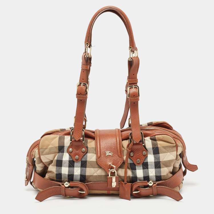 Pre Owned Burberry Brown/Beige Quilted House Check Canvas and Leather Buckle Satchel
