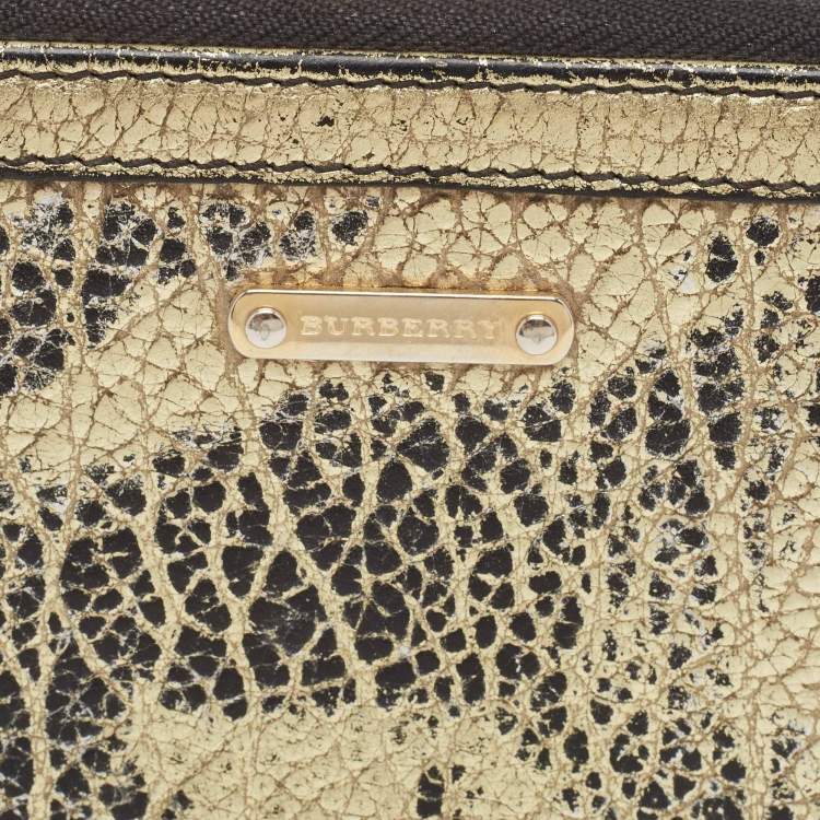 Pre Owned Burberry Gold/Black Textured Leather Zip Around Continental Wallet