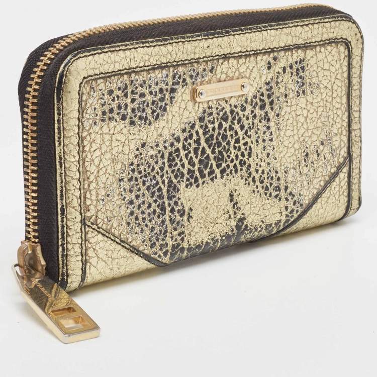 Pre Owned Burberry Gold/Black Textured Leather Zip Around Continental Wallet