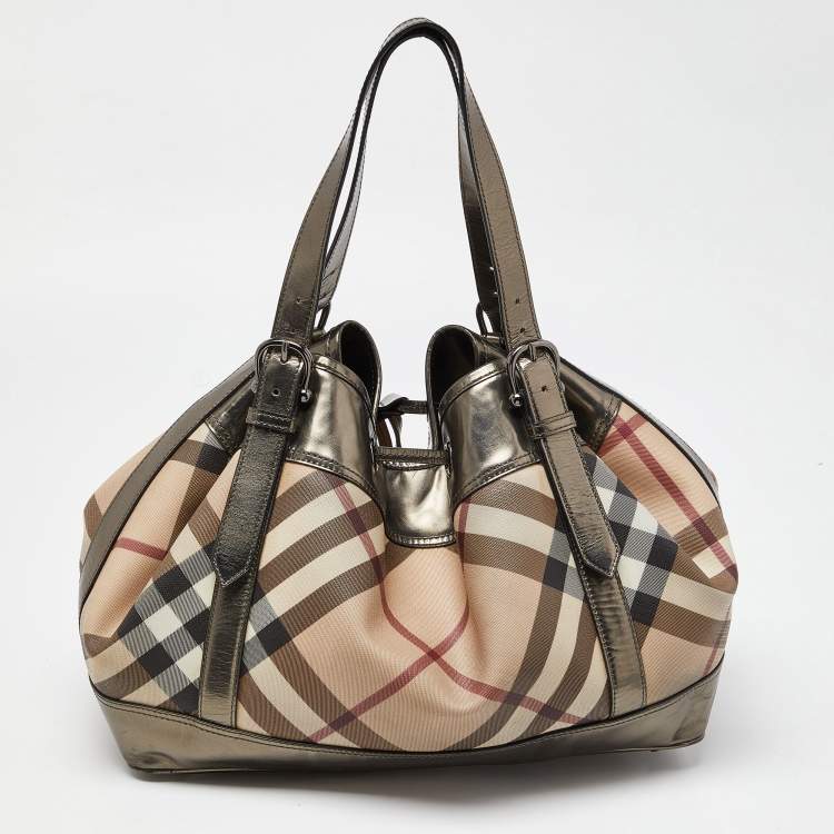 Pre Owned Burberry Metallic/Beige Nova Check Coated Canvas and Patent Leather Beaton Drawstring Bag