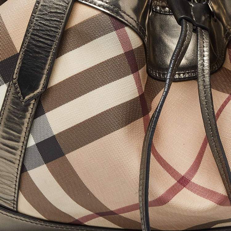 Pre Owned Burberry Metallic/Beige Nova Check Coated Canvas and Patent Leather Beaton Drawstring Bag