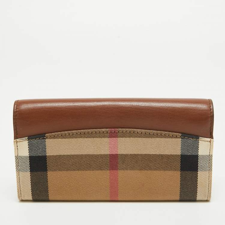 Pre Owned Burberry Beige/Brown House Check Canvas and Leather Flap Continental Wallet