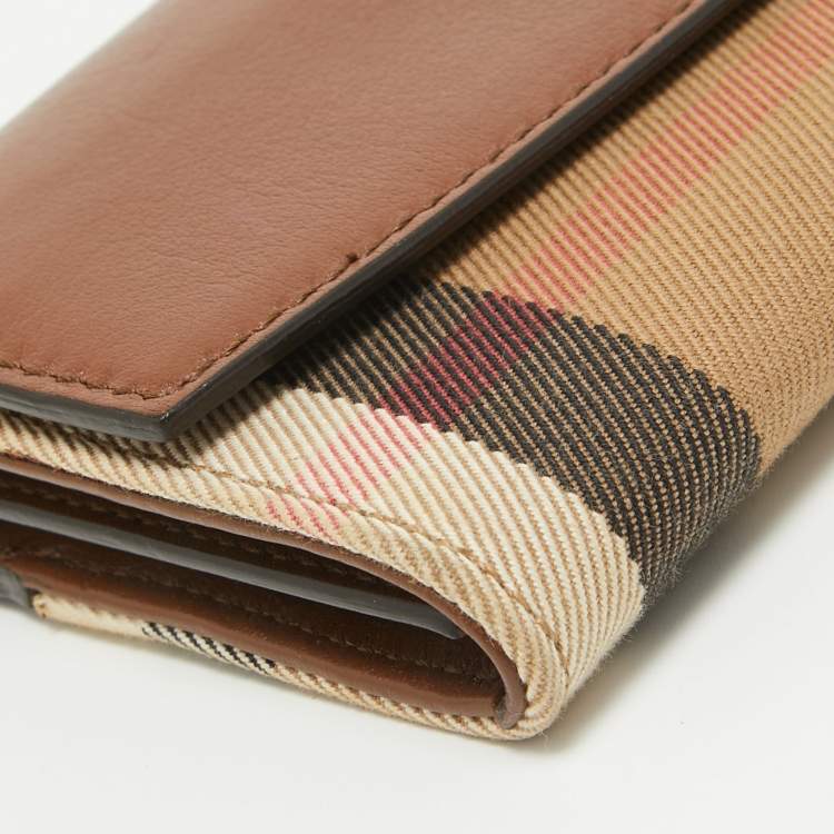 Pre Owned Burberry Beige/Brown House Check Canvas and Leather Flap Continental Wallet