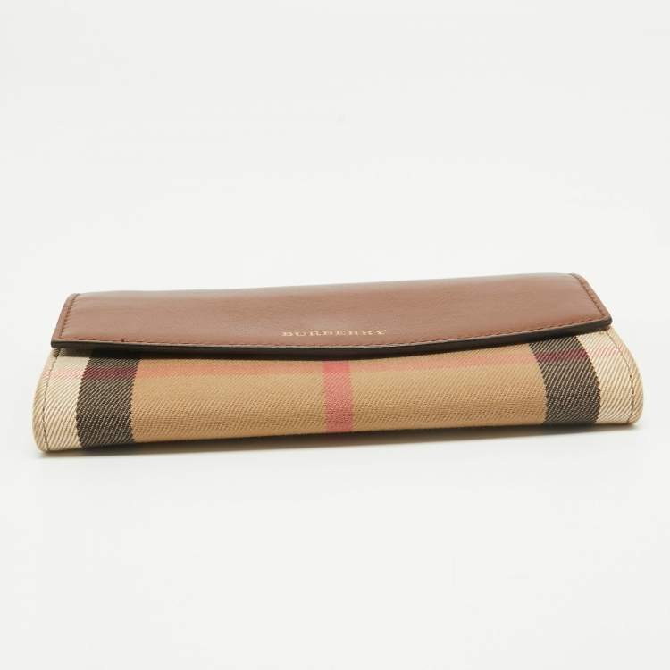 Pre Owned Burberry Beige/Brown House Check Canvas and Leather Flap Continental Wallet