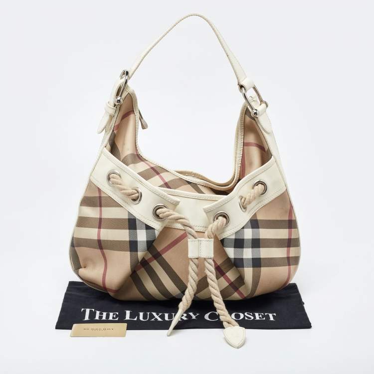 Pre Owned Burberry Beige/Off White Nova Check PVC and Patent Leather Hobo