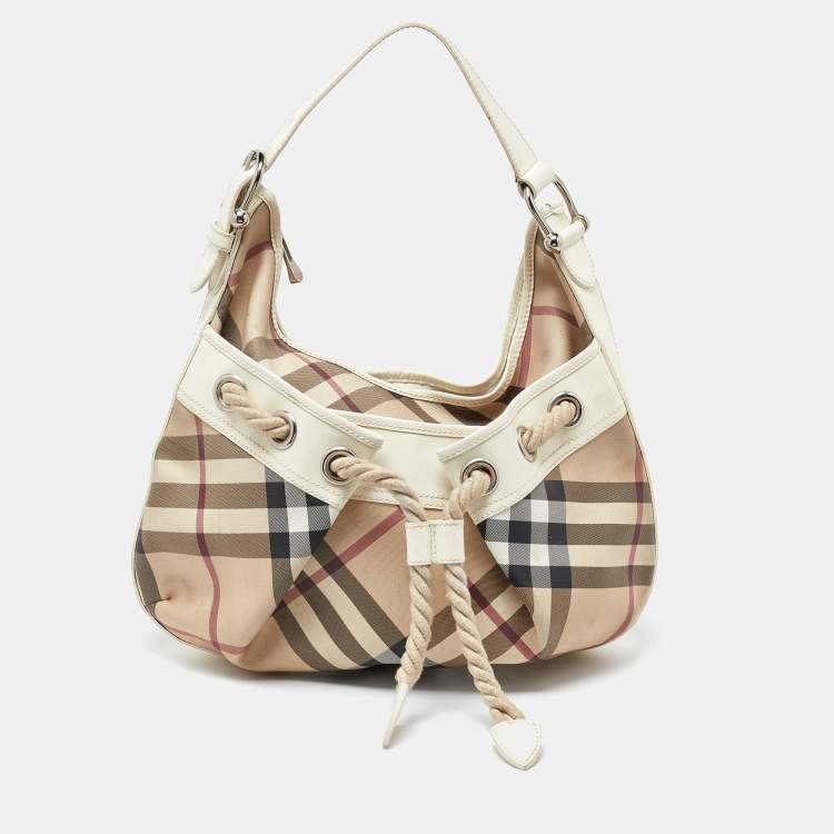 Pre Owned Burberry Beige/Off White Nova Check PVC and Patent Leather Hobo