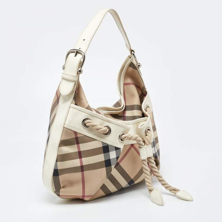 Pre Owned Burberry Beige/Off White Nova Check PVC and Patent Leather Hobo