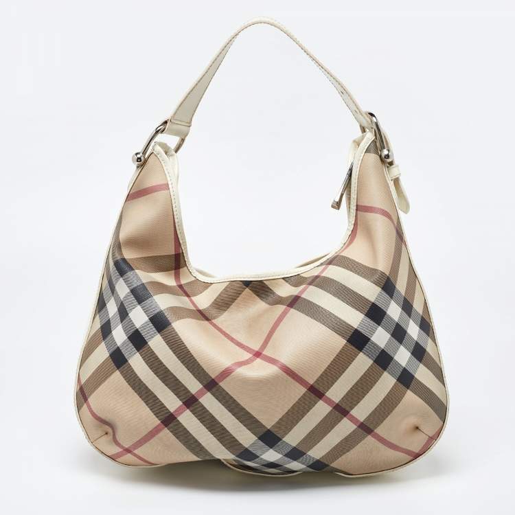 Pre Owned Burberry Beige/Off White Nova Check PVC and Patent Leather Hobo