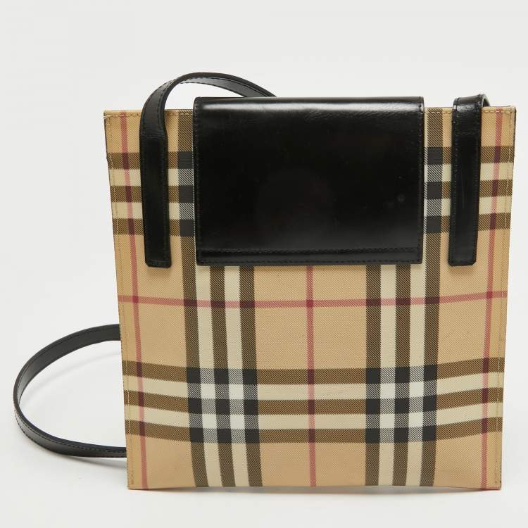 Pre Owned Burberry Black/Beige House Check PVC and Leather Slim Messenger Bag