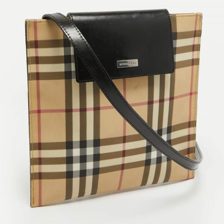 Pre Owned Burberry Black/Beige House Check PVC and Leather Slim Messenger Bag