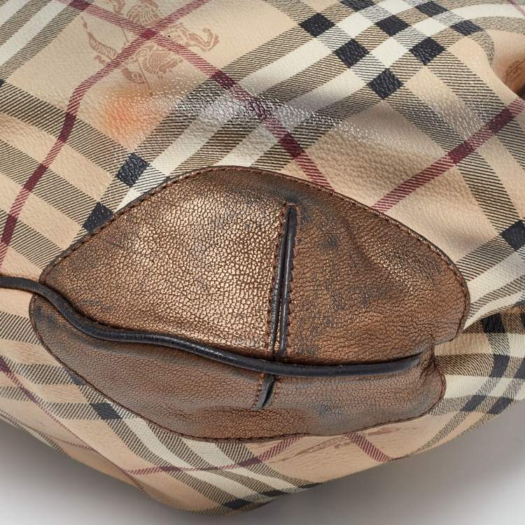 Pre Owned Burberry Bronze/Beige Haymarket Check PVC and Leather Medium Willenmore Hobo