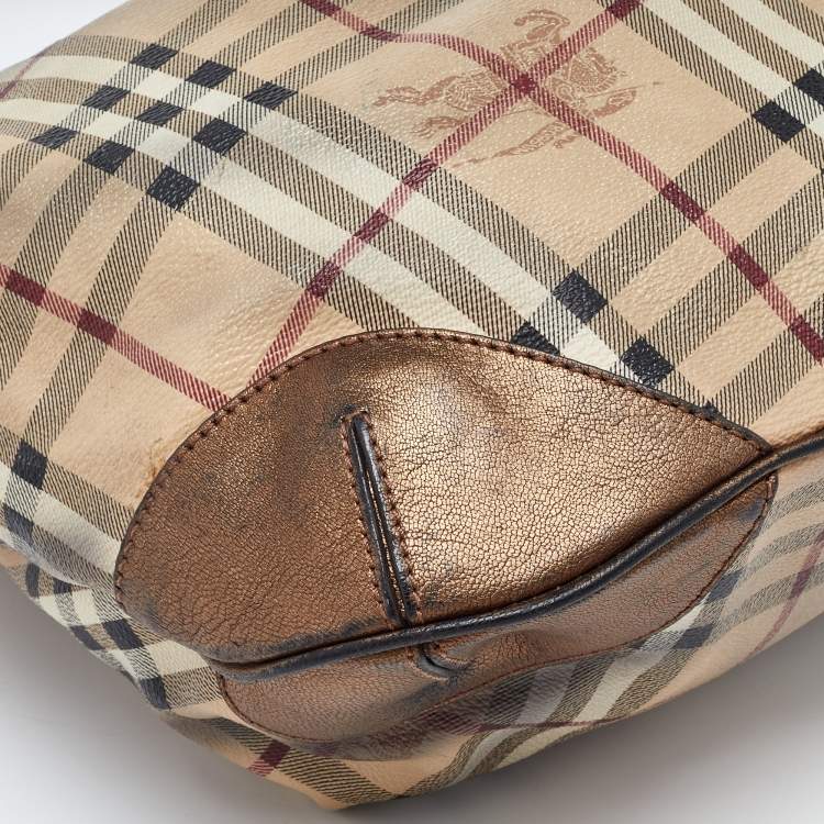Pre Owned Burberry Bronze/Beige Haymarket Check PVC and Leather Medium Willenmore Hobo