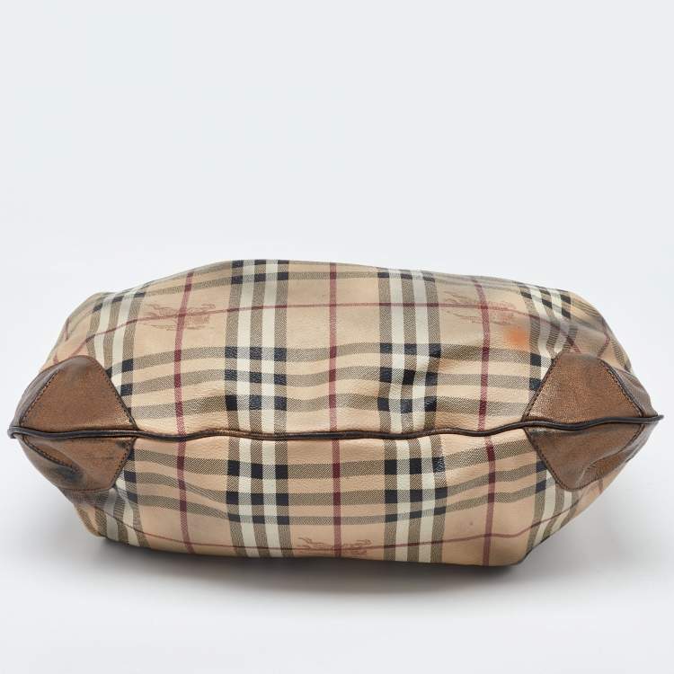 Pre Owned Burberry Bronze/Beige Haymarket Check PVC and Leather Medium Willenmore Hobo