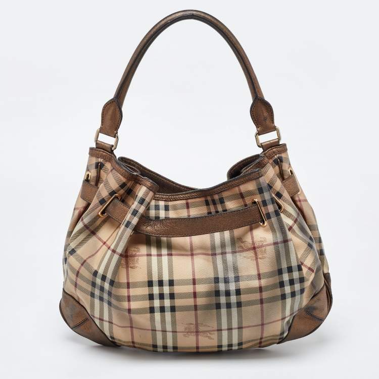 Pre Owned Burberry Bronze/Beige Haymarket Check PVC and Leather Medium Willenmore Hobo