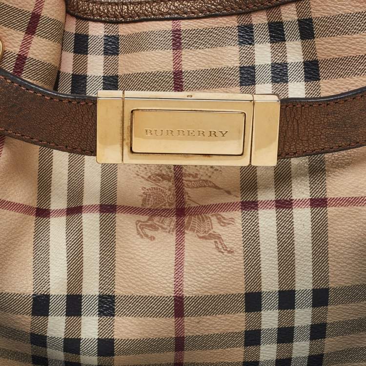 Pre Owned Burberry Bronze/Beige Haymarket Check PVC and Leather Medium Willenmore Hobo