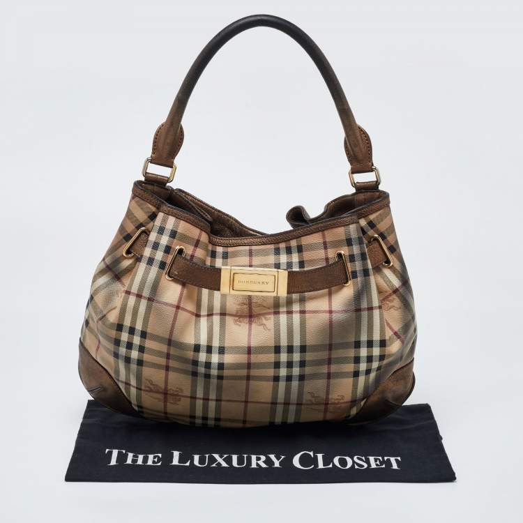 Pre Owned Burberry Bronze/Beige Haymarket Check PVC and Leather Medium Willenmore Hobo