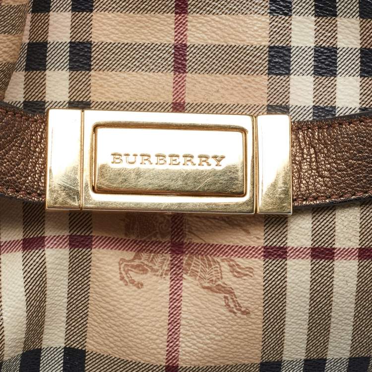 Pre Owned Burberry Bronze/Beige Haymarket Check PVC and Leather Medium Willenmore Hobo