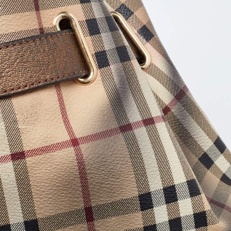 Pre Owned Burberry Bronze/Beige Haymarket Check PVC and Leather Medium Willenmore Hobo