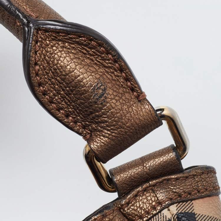 Pre Owned Burberry Bronze/Beige Haymarket Check PVC and Leather Medium Willenmore Hobo