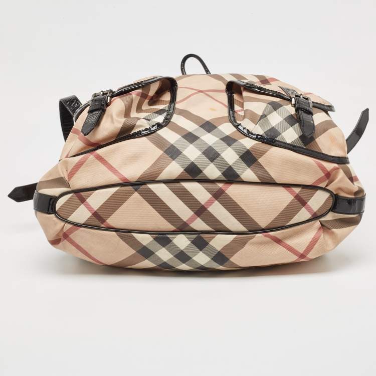 Pre Owned Burberry Black/Beige Supernova Coated Canvas and Patent Leather Drawstring Double Pocket Hobo