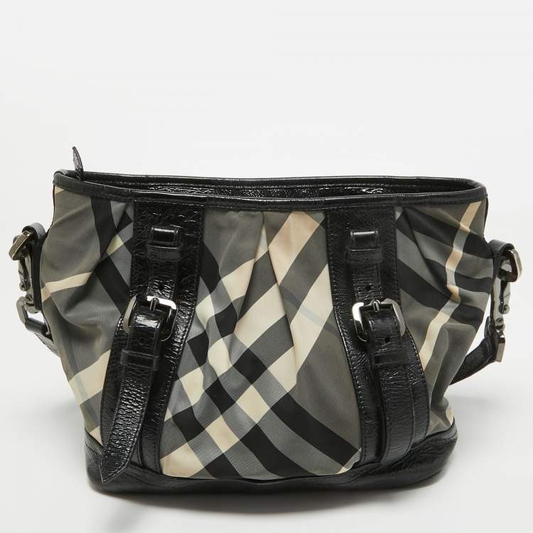 Pre Owned Burberry Black/White Beat Check Nylon and Patent Leather Lowry Shoulder Bag