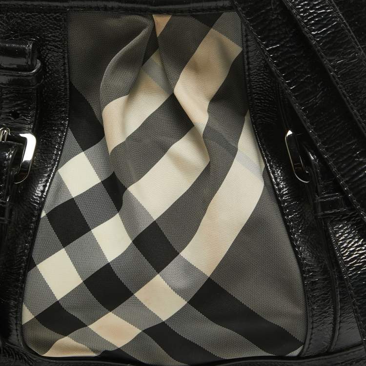 Pre Owned Burberry Black/White Beat Check Nylon and Patent Leather Lowry Shoulder Bag