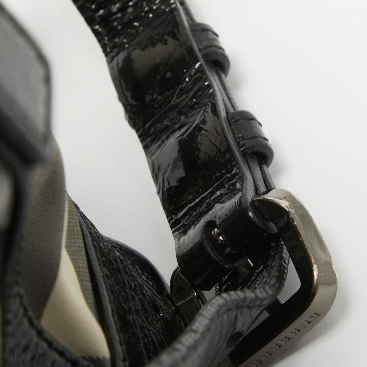 Pre Owned Burberry Black/White Beat Check Nylon and Patent Leather Lowry Shoulder Bag