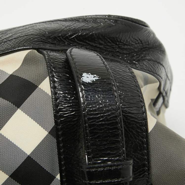 Pre Owned Burberry Black/White Beat Check Nylon and Patent Leather Lowry Shoulder Bag