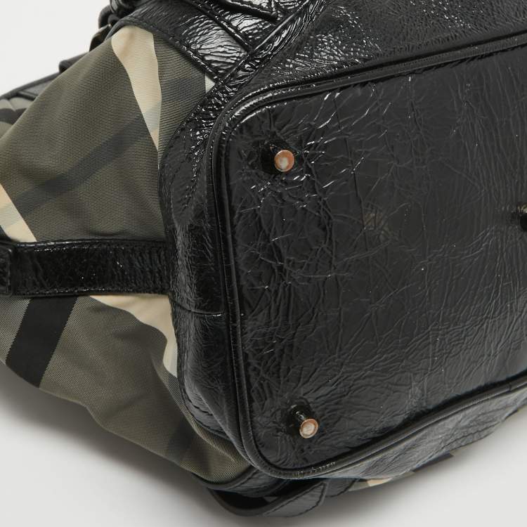 Pre Owned Burberry Black/White Beat Check Nylon and Patent Leather Lowry Shoulder Bag