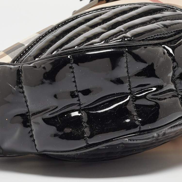 Pre Owned Burberry Black/Beige Nova Check PVC and Patent Leather Hobo