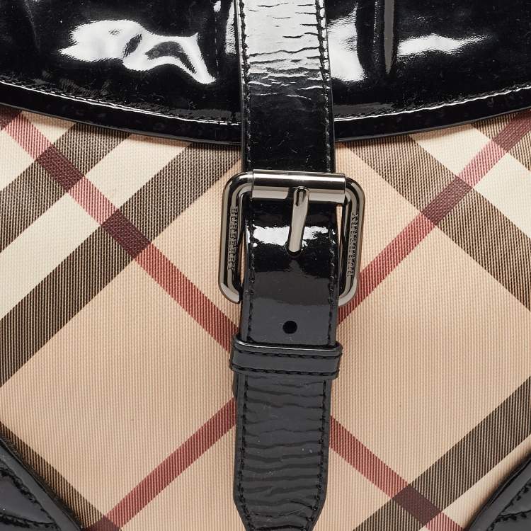 Pre Owned Burberry Black/Beige Nova Check PVC and Patent Leather Hobo