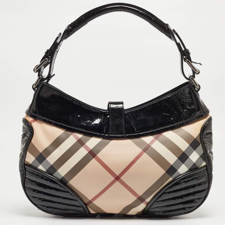 Pre Owned Burberry Black/Beige Nova Check PVC and Patent Leather Hobo