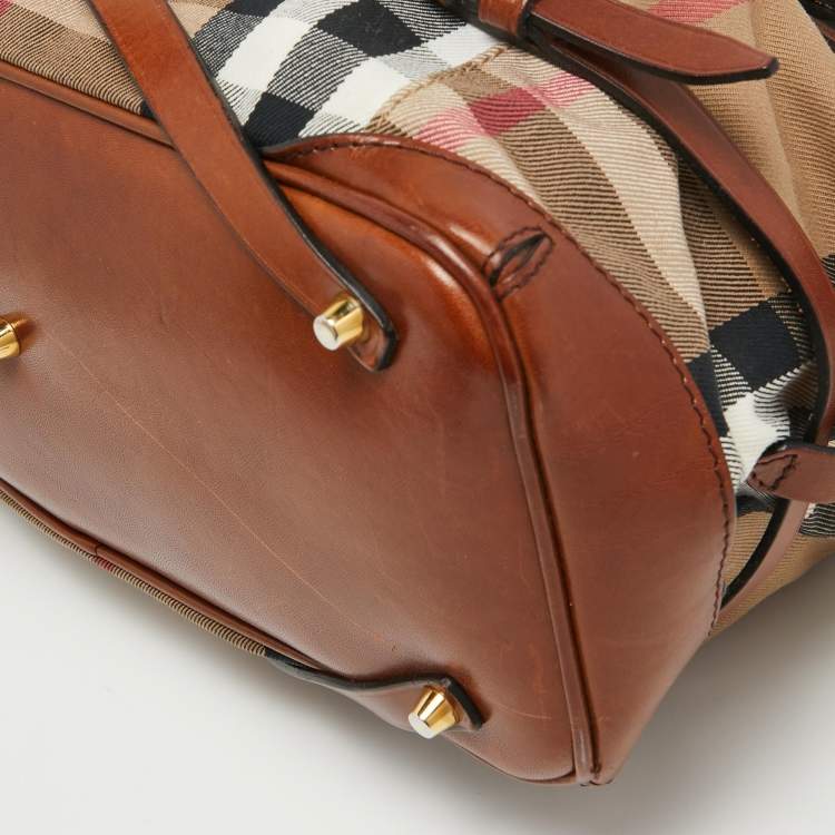 Pre Owned Burberry Brown/Beige House Check Fabric and Leather Medium Bridle Lynher Tote
