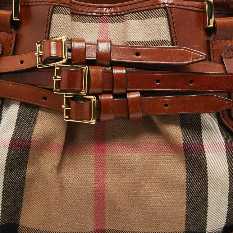 Pre Owned Burberry Brown/Beige House Check Fabric and Leather Medium Bridle Lynher Tote