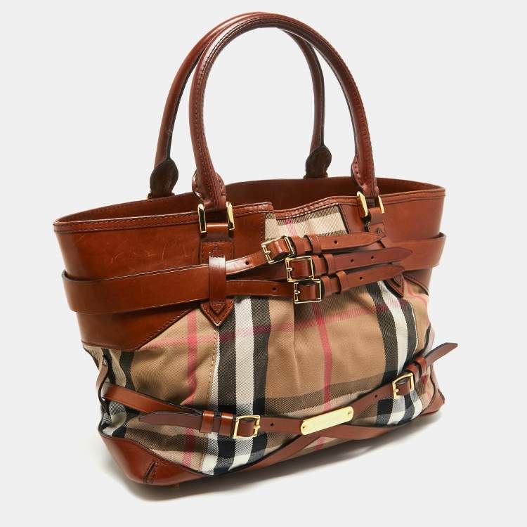 Pre Owned Burberry Brown/Beige House Check Fabric and Leather Medium Bridle Lynher Tote