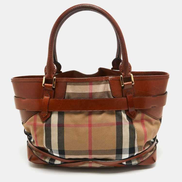 Pre Owned Burberry Brown/Beige House Check Fabric and Leather Medium Bridle Lynher Tote