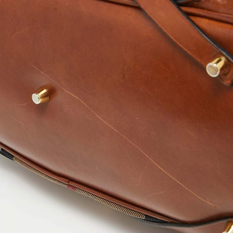 Pre Owned Burberry Brown/Beige House Check Fabric and Leather Medium Bridle Lynher Tote