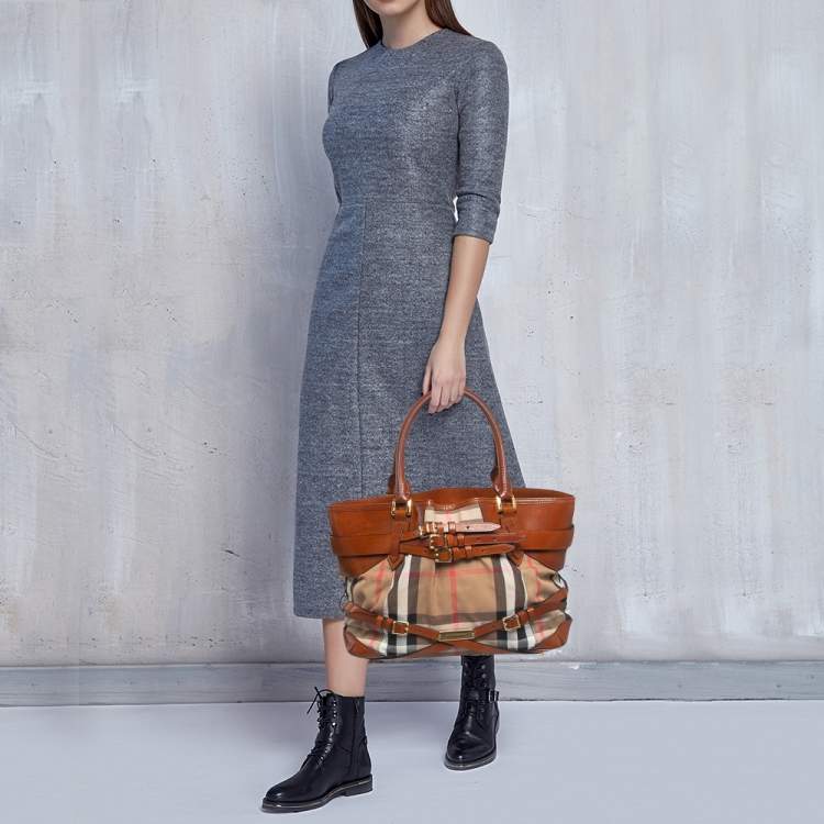 Pre Owned Burberry Brown/Beige House Check Fabric and Leather Medium Bridle Lynher Tote