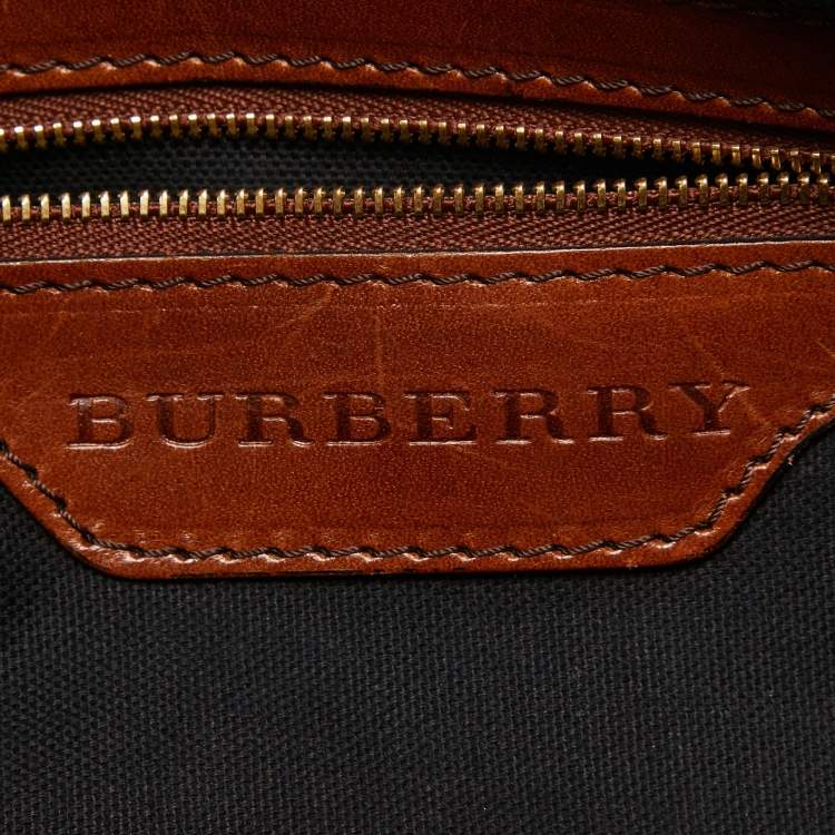 Pre Owned Burberry Brown/Beige House Check Fabric and Leather Medium Bridle Lynher Tote