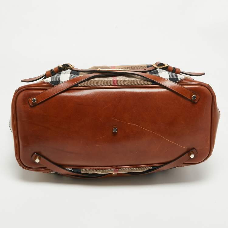 Pre Owned Burberry Brown/Beige House Check Fabric and Leather Medium Bridle Lynher Tote