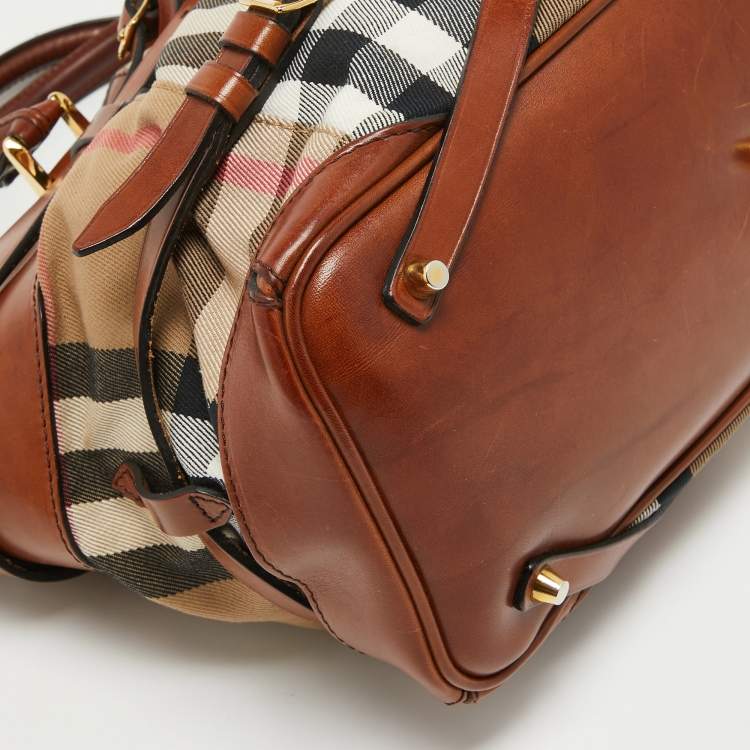 Pre Owned Burberry Brown/Beige House Check Fabric and Leather Medium Bridle Lynher Tote